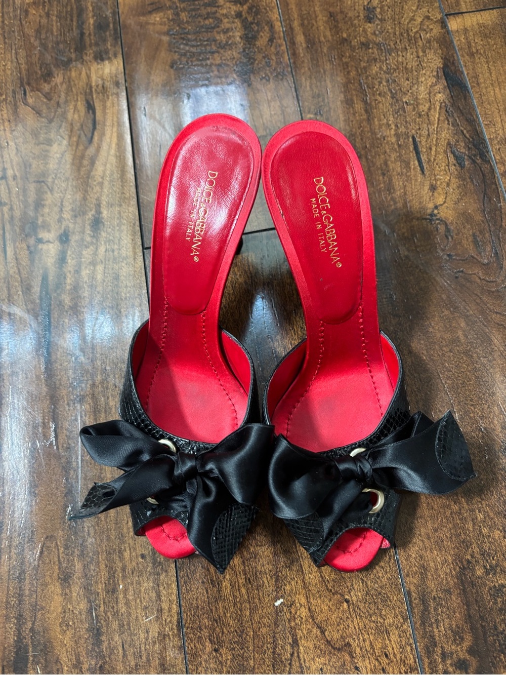 Dolce & Gabbana Red Leather Slide Heels with Black Satin Bow